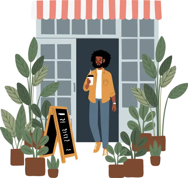 Illustration: Mitarbeiter mit Kaffee vor dem Café