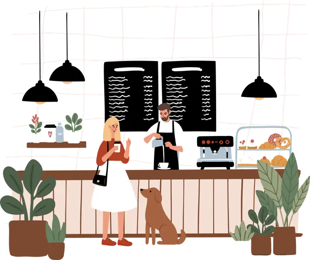 Illustration: Theke mit Team und Gast