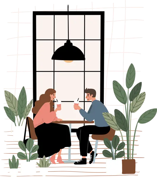 Illustration: zwei Menschen trinken entspannt Kaffee