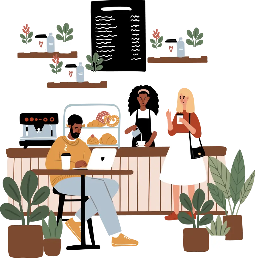Illustration: Team an der Theke eines Cafés mit Gästen